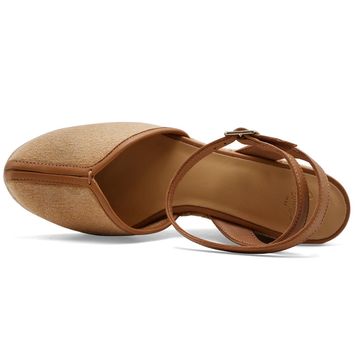 Castañer Sandali Donna CECILIA Tessuto Beige Pelle Color Cuoio