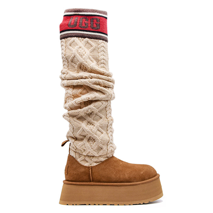 Ugg Swater Letter Tall Women's Beige Boots With Knitted Upper