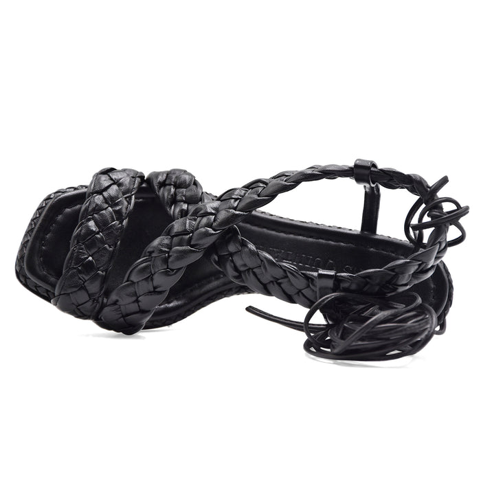 Sandali Pons Quintana Donna Pelle Intrecciata Nera Fatto A Mano