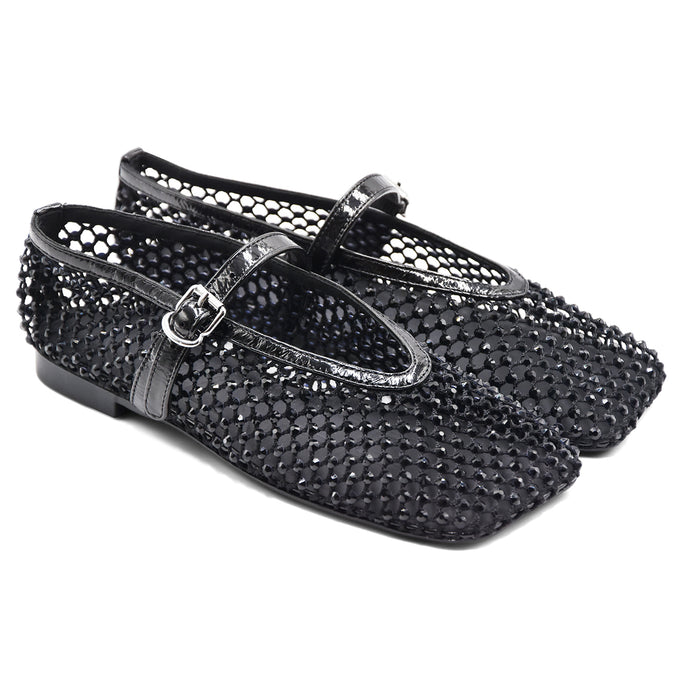 Ballerine Loafer Christen Ballet Donna Rete Strass Nero Vernice