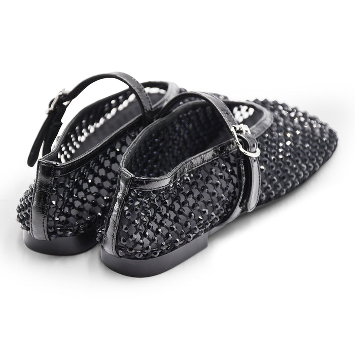 Ballerine Loafer Christen Ballet Donna Rete Strass Nero Vernice