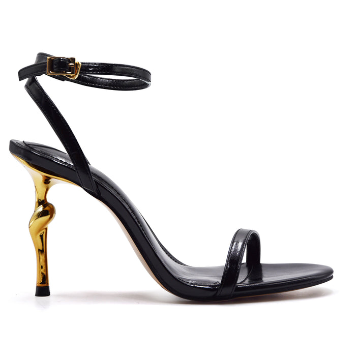 JW PEI Women's Alivia Black Sandals with Gold Metal Heel