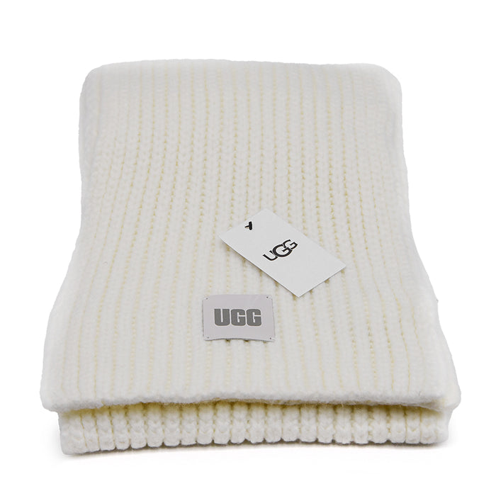 Ugg Chunky Rib Knit Scarf Sciarpe Bianco Unisex Con Logo Patch