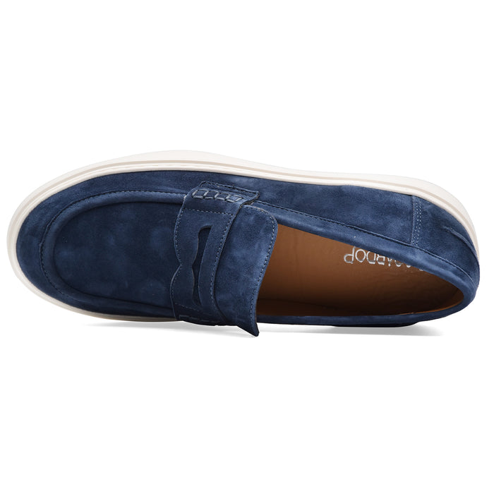 Mocassini Uomo Riccardo P. Camoscio Blu Suola Bianca In Gomma