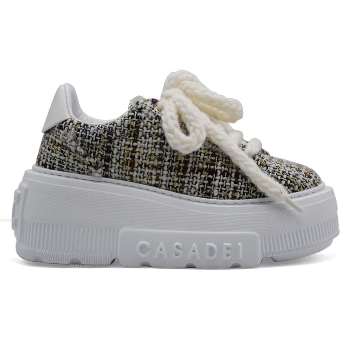 Sneakers Donna Casadei Nexus Bouclé Bianco Nero Zeppa Leggera