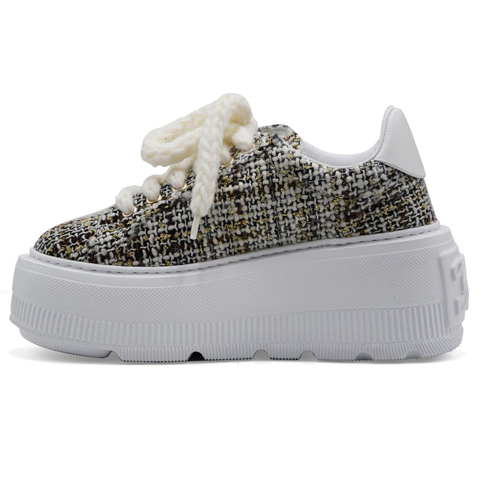 Sneakers Donna Casadei Nexus Bouclé Bianco Nero Zeppa Leggera