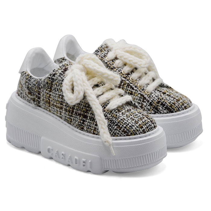 Sneakers Donna Casadei Nexus Bouclé Bianco Nero Zeppa Leggera