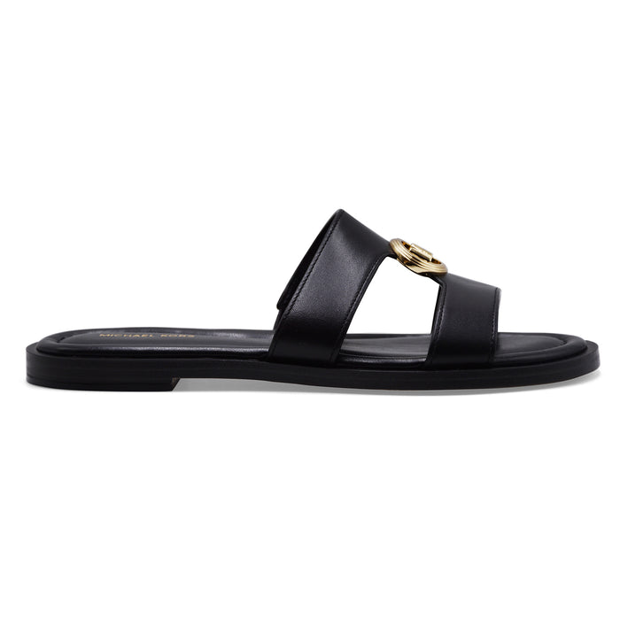 Michael Kors Women's Sandals ERIN FLAT Leather Black Gold "MK" Logo