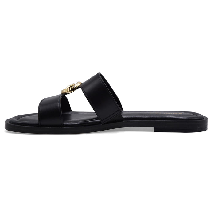 Michael Kors Women's Sandals ERIN FLAT Leather Black Gold "MK" Logo