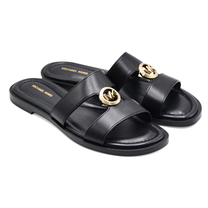 Michael Kors Women's Sandals ERIN FLAT Leather Black Gold "MK" Logo