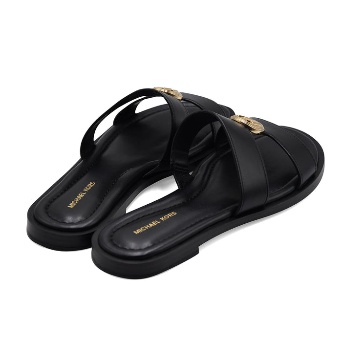Michael Kors Women's Sandals ERIN FLAT Leather Black Gold "MK" Logo