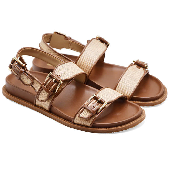 Sandali Flat Donna Michael Kors Nia Woven Straw Cuoio Luggage