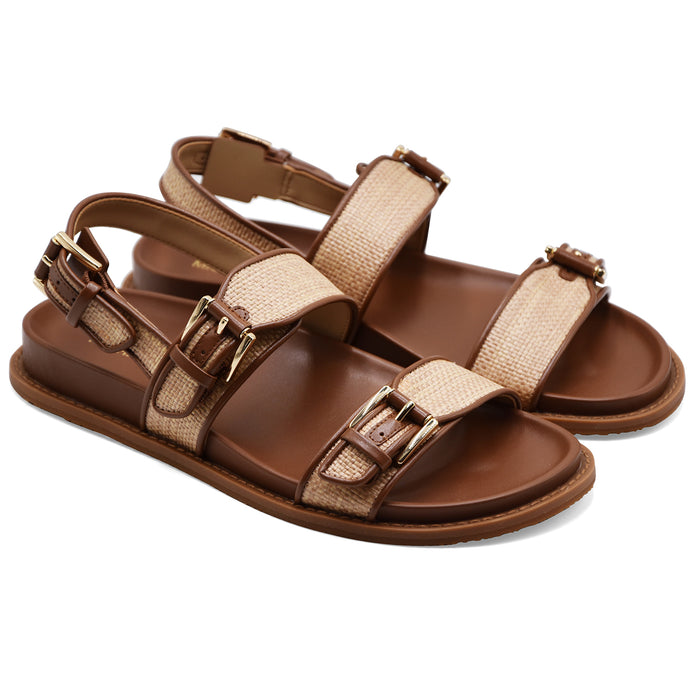 Sandali Flat Donna Michael Kors Nia Woven Straw Cuoio Luggage