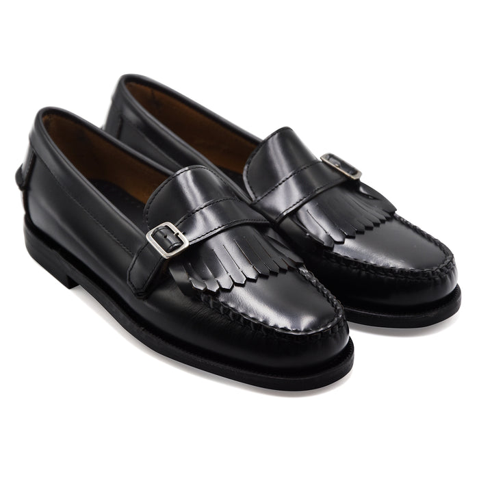 Mocassini Sebago Ales Donna Nero Con Frange Pelle Pieno Fiore