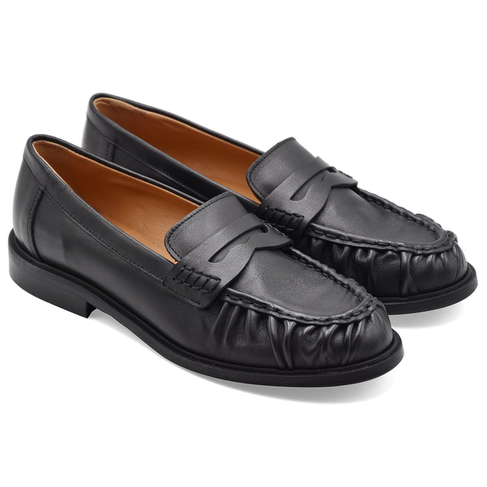 Mocassini Donna Riccardo P. Pelle Nero Arricciata Made In Italy