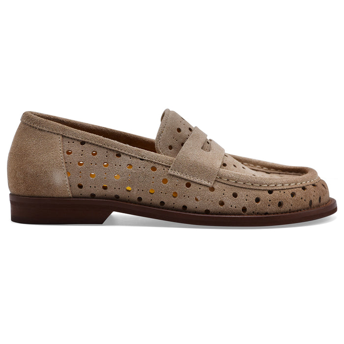 Mat:20 Mocassini Donna 9723 In Pelle Scamosciata Beige Con Fori