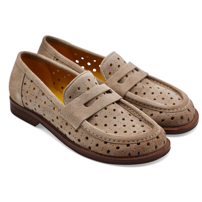 Mat:20 Mocassini Donna 9723 In Pelle Scamosciata Beige Con Fori