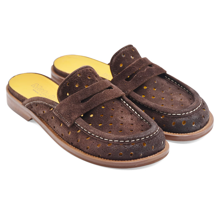Women's Mules Loafers Mat:20 in Dark Brown Suede