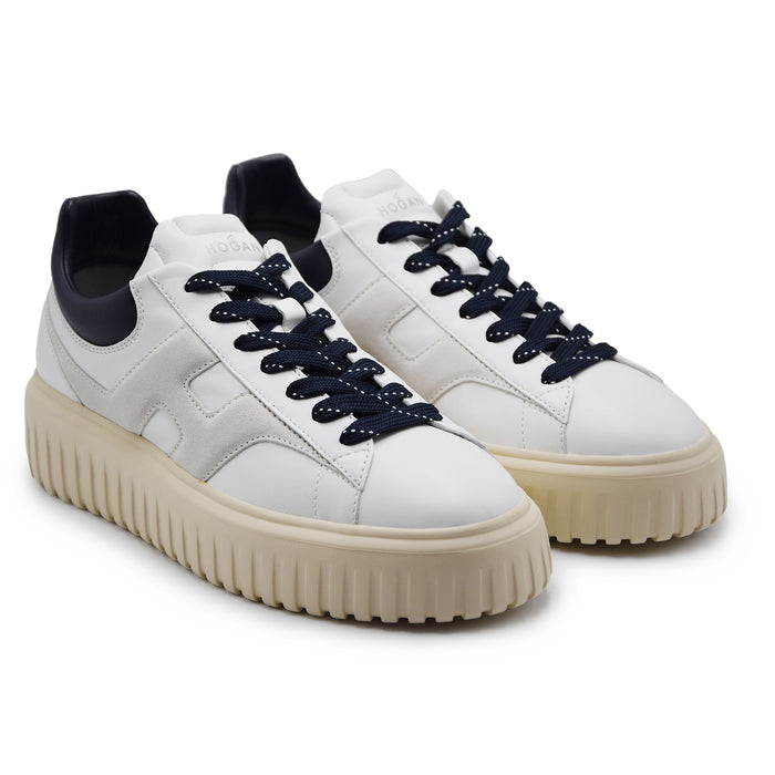Sneakers Hogan H-Stripes Uomo Pelle Avorio Dettagli Grigio Blu