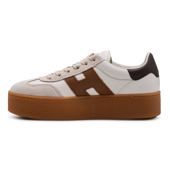 Sneakers Donna Hogan H698 Pelle Bianca Marrone Maxi Suola Beige
