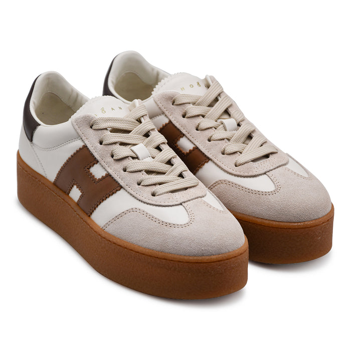 Sneakers Donna Hogan H698 Pelle Bianca Marrone Maxi Suola Beige