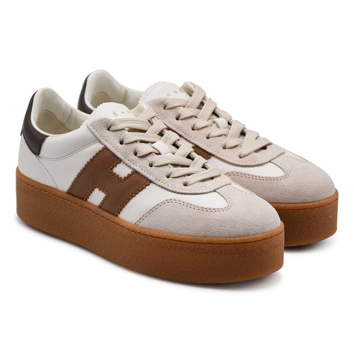 Sneakers Donna Hogan H698 Pelle Bianca Marrone Maxi Suola Beige