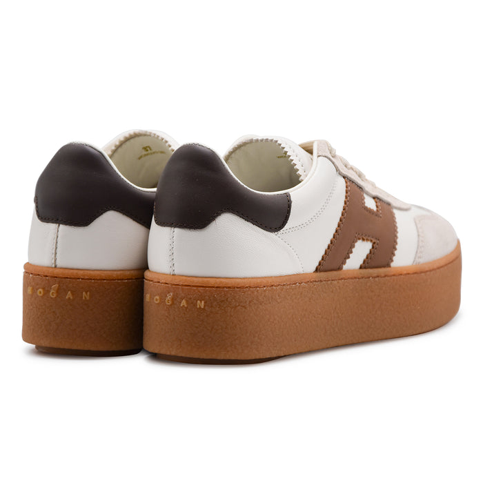 Sneakers Donna Hogan H698 Pelle Bianca Marrone Maxi Suola Beige