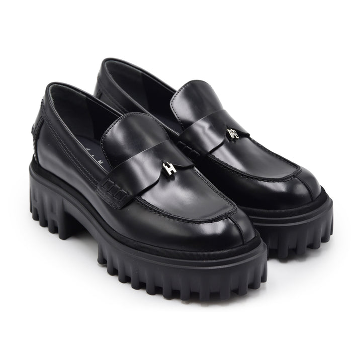 Mocassini Hogan Donna H700 Vera Pelle Nero Con Suola H-Stripes