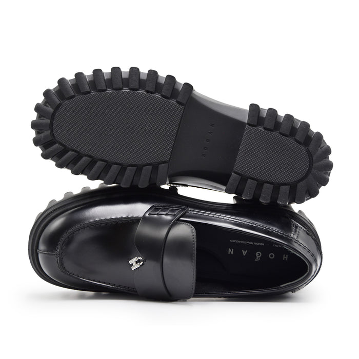 Mocassini Hogan Donna H700 Vera Pelle Nero Con Suola H-Stripes