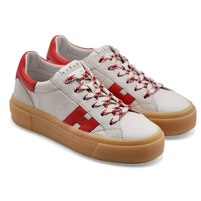 Hogan Sneakers Donna H705 Vera Pelle Bianca Con Dettagli Rossi