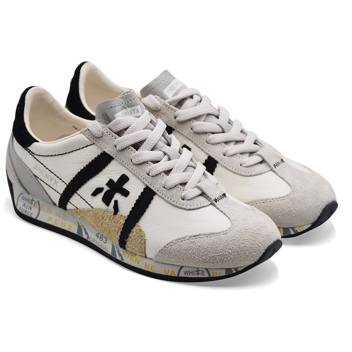Sneakers Premiata JACKYXD 8222 Donna Pelle Bianca Dettagli Neri