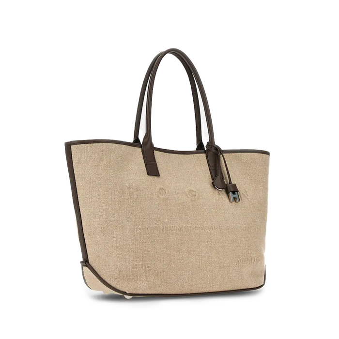 Hogan Address Medium Shopping Bag in Brown and Ivory Canvas