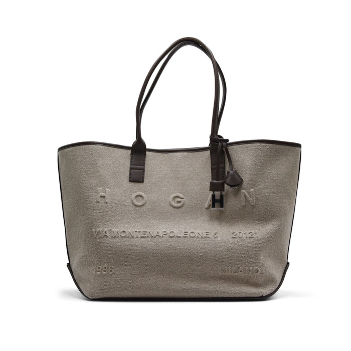 Borsa Shopping Hogan Address Media In Canvas Marrone E Avorio