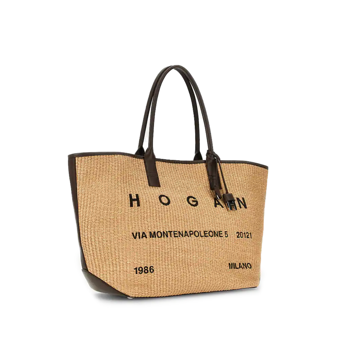 Hogan Women's Address Medium Raffia Shopping Bag in Brown and Ivory