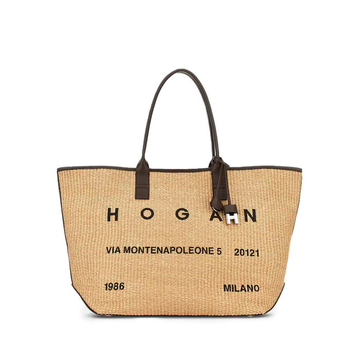 Hogan Women's Address Medium Raffia Shopping Bag in Brown and Ivory