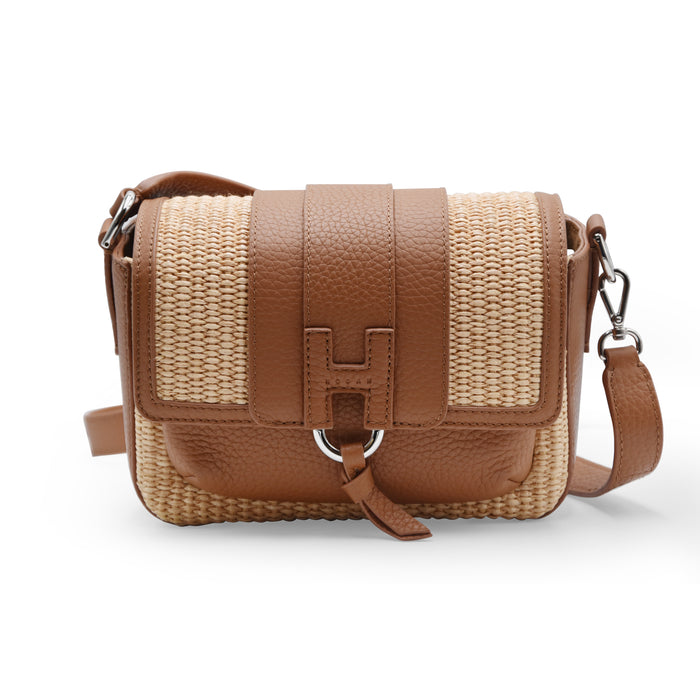 Borsa Hogan Donna H01X Flap Bag Rafia E Vera Pelle Color Cuoio