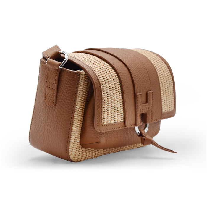 Borsa Hogan Donna H01X Flap Bag Rafia E Vera Pelle Color Cuoio