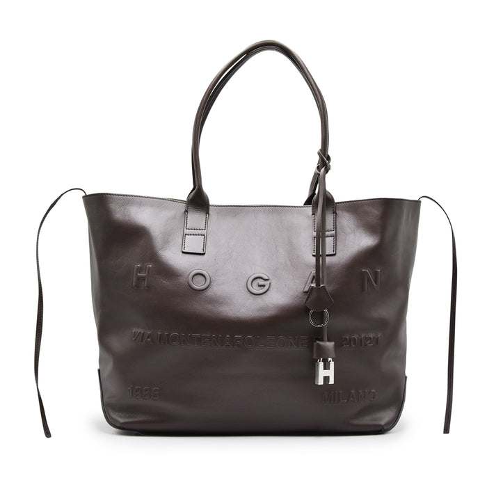 Borsa Shopping Hogan Script Media Donna In Vera Pelle Marrone