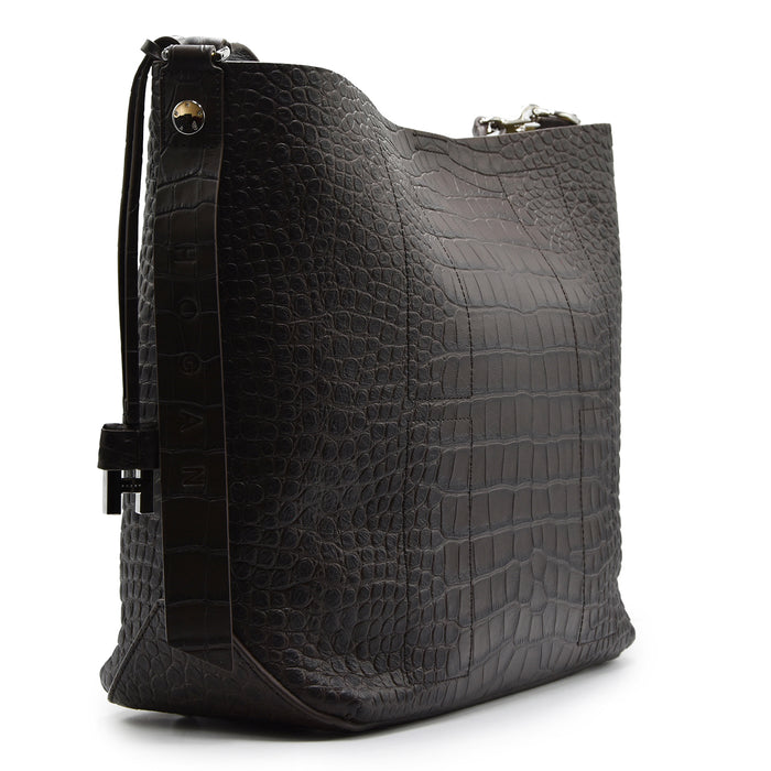 Borsa Hogan Hocket Hobo Media Pelle Stampa Coccodrillo Marrone