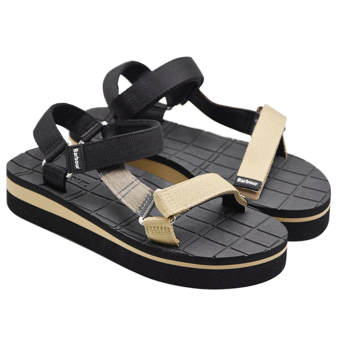 Barbour Sandali Donna Tessuto Nero Beige E Tartan MILA SANDAL