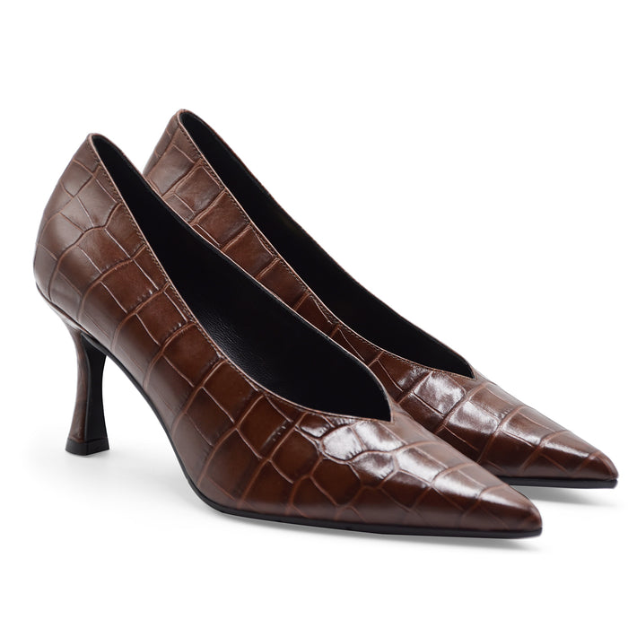 Décolleté Donna Matteo Pitti Pelle Marrone Crocco Made In Italy