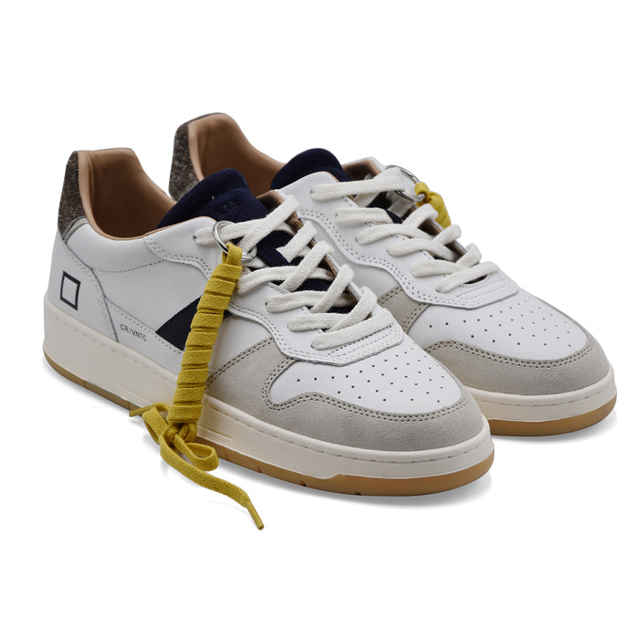 Sneakers Uomo D.A.T.E. Court 2.0 In Pelle Bianco Linguetta Blu