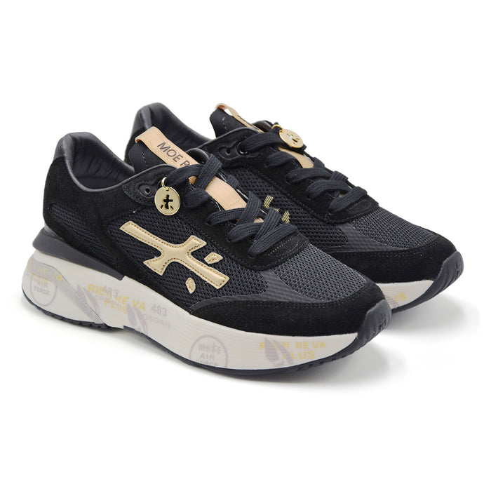 Sneakers Premiata Moerund Donna 7799 Suede Tessuto Nero Logo Oro