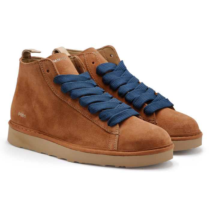 Polacchini Panchic P001 Uomo Suede Cognac Lacci Blu Con Cuciture