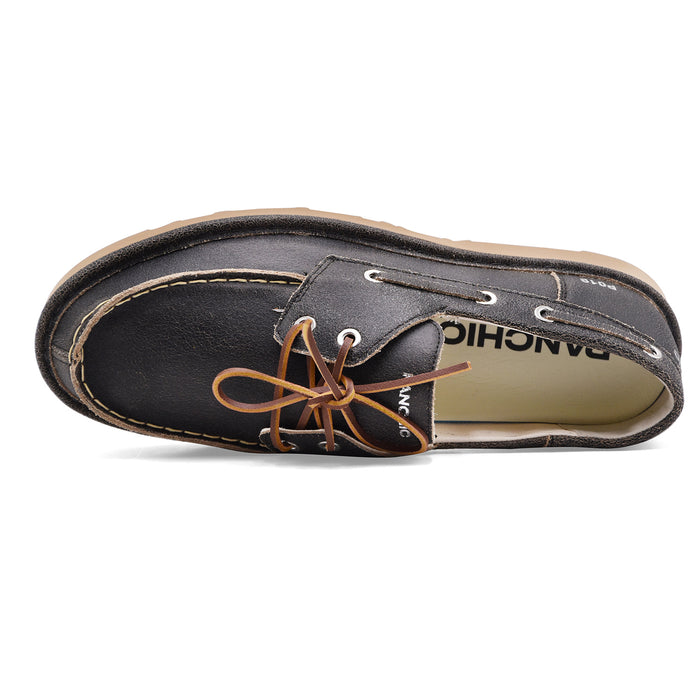 Panchic Men's Boat Shoes P019 Black Vintage Effect Leather