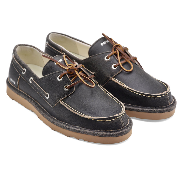 Panchic Men's Boat Shoes P019 Black Vintage Effect Leather