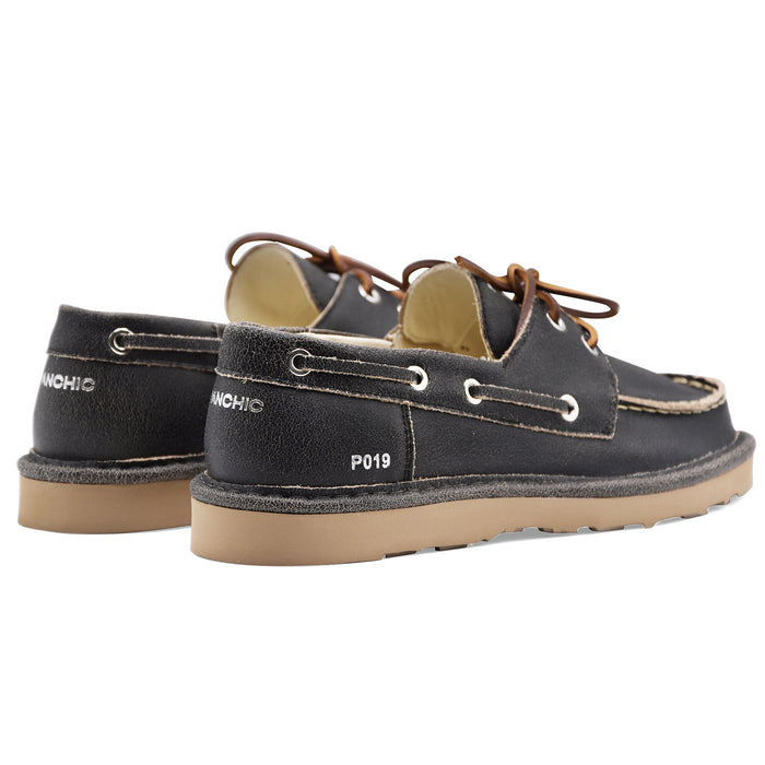 Panchic Men's Boat Shoes P019 Black Vintage Effect Leather