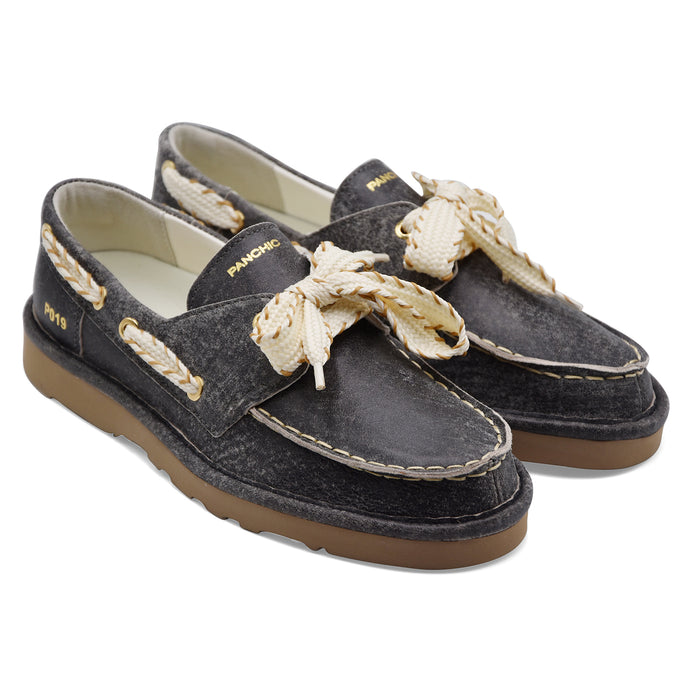 Scarpe Da Barca Panchic Donna P019 Pelle Nero Effetto Vintage