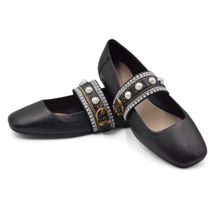 Ballerine Pinko Donna Nero Nappa Cinturino Con Perle E Strass