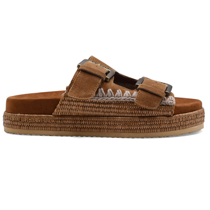 Sandali Donna Mou Two Buckle Raffia Cognac Pelle Scamosciata